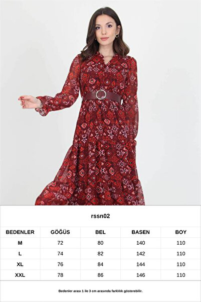 Neşeli Butik Kadın Kemerli Yakası Bağlama Detaylı Desenli Şifon Elbise Rssn02
