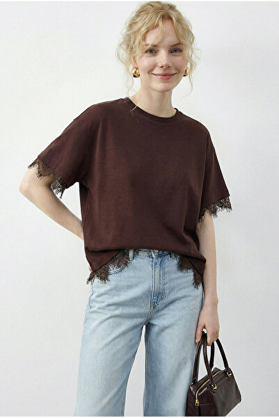 Bianco Lucci Tricou oversize cu decolteu rotund și detalii din dantelă pentru...