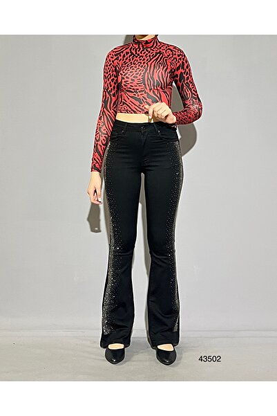 MYJEANSKOLİK Yüksek Bel Likralı Taş İşlemeli Yarım İspanyol Paça Jean