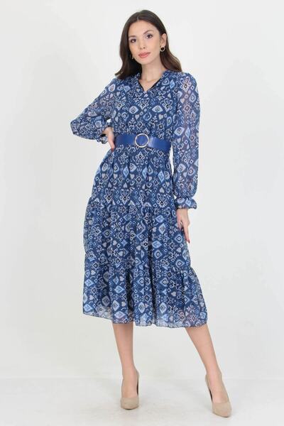 Neşeli Butik Kadın Kemerli Yakası Bağlama Detaylı Desenli Şifon Elbise Rssn02