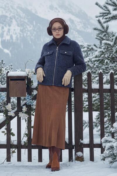 Nihan Fermuarlı Kısa Kaşe Ceket İndigo