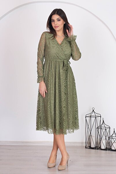 Neşeli Butik Ženska haljina kaki boje sa pojasom, dvostrukim kopčanjem, kragn...