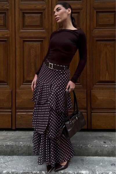 Madmext Fusta cu volane, maro/albă, cu curea și decupaj, cu model cu buline M...