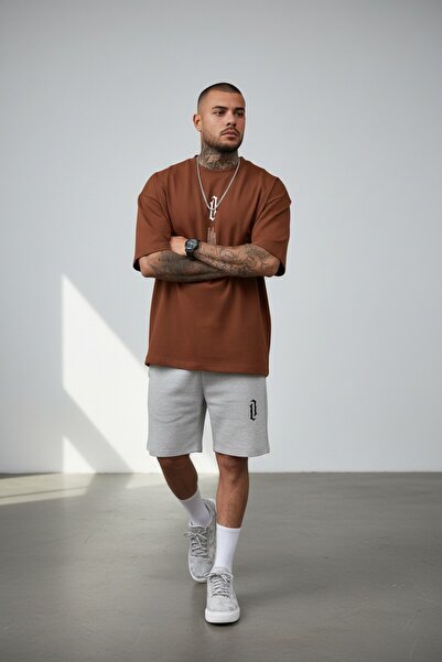 Altamira Erkek Kahverengi Dikey Baskılı Oversize T-shirt