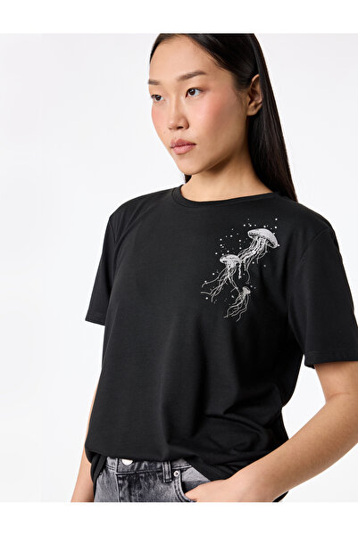 Koton Short Sleeve Crew Neck T-Shirt with Stone Jellyfish Graphic Print