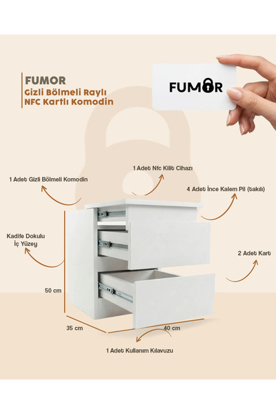 Fumor NFC Kartlı Raylı Kayan Gizli Bölmeli MDF Komodin (Kurulu Teslim)
