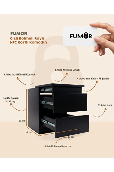 Fumor Siyah NFC Kart Raylı Kilitli Gizli Bölmeli Güvenlik Dolap Raylı (Montaj...