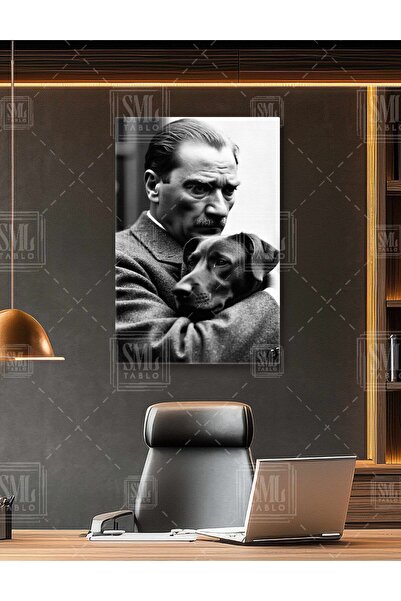 SML TABLO Mustafa Kemal Atatürk ve Köpeği Foks Ata ve Hayvan Sevgisi Dikey Ka...