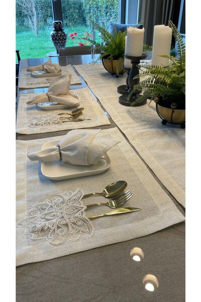 Decamor home Royal 7 Piece French Lace Gold Glitter Ecru American Placemat and Runner Set (Without Napkins)