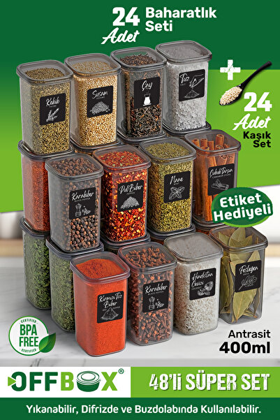 OFFBOX 24 Pieces Anthracite 400 ml Food Storage Container Spice Rack Set 40 L...