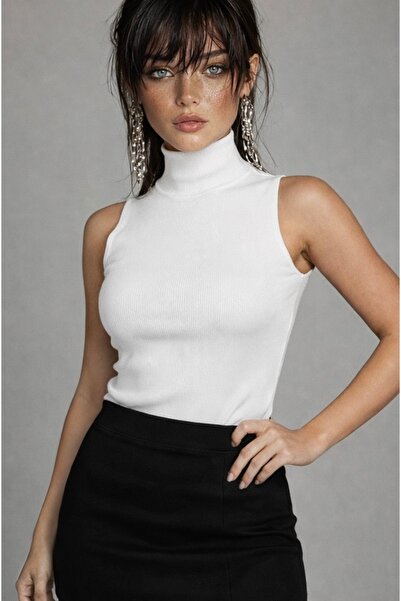 Be Best Women's White Mock Neck Sleeveless Knitwear Blouse Be380