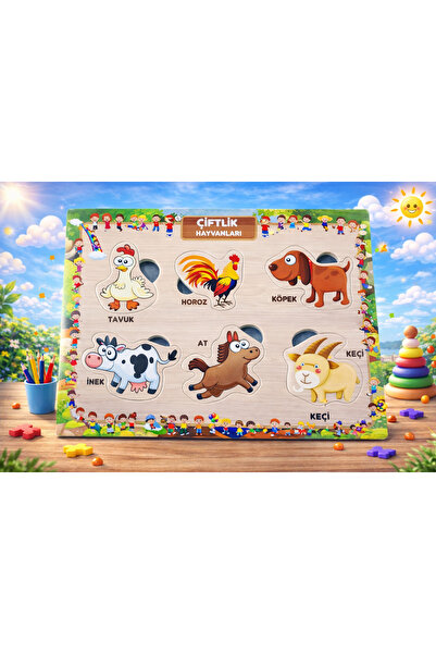 W-Design AHŞAP+EVA Eğitici Bul Tak Puzzle Çiftlik Hayvanları Montessori Zeka ...