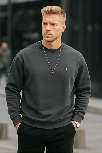 COMBİNE MİCHAİL Κανονικό ανδρικό φούτερ Smoked Color Basic Crew Neck Relaxed