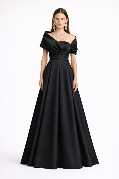 TARA COŞKUNTUNCEL Straplez Drapeli Şal Detaylı Kloş Abiye Elbise