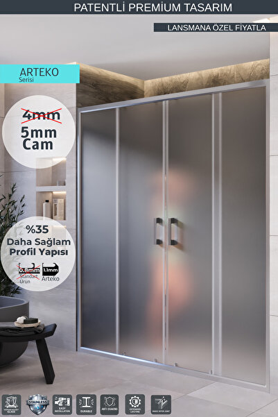 MONAQUA Arteko Duşakabin Ön Cephe,2 Sabit 2 Kayar-Parlak Alüminyum Profil-Sat...