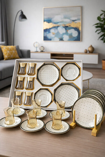 Paşabahçe 18 Parça Harencıya Pasta Takımı| 6 Adet Çay Bardağı Puantiyeli 6 Ad...