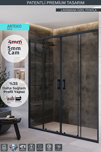 MONAQUA Arteko Duşakabin Ön Cephe, 2 Sabit 2 Kayar - Antrasit Profil - Şeffaf...