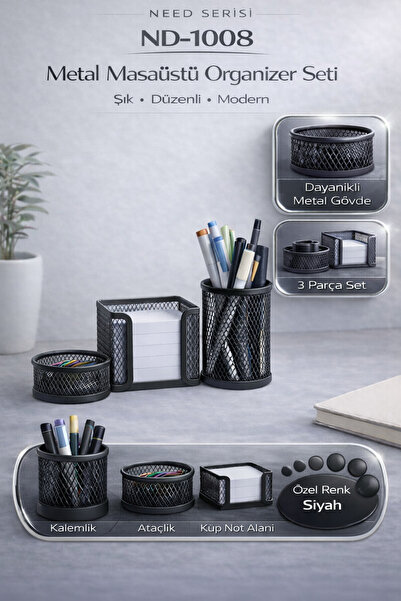 Need Masaüstü Metal Perfore Kalemlik Seti 3lü Siyah
