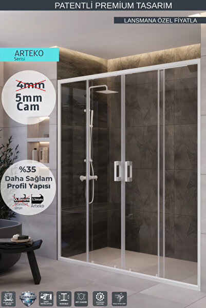 MONAQUA Arteko Duşakabin Ön Cephe, 2 Sabit 2 Kayar - Beyaz Profil - Şeffaf 5m...