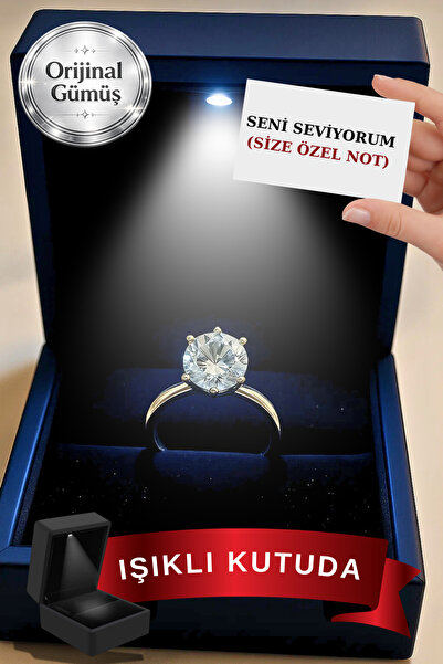 CARAT STONE Işıklı Kutuda Gerçek 925 Ayar Gümüş 4 CARAT TEKTAŞ Yüzük