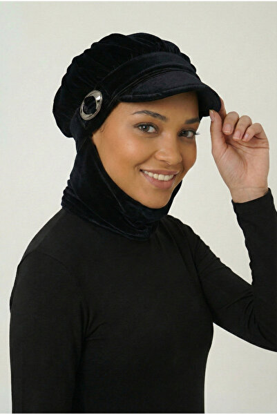 elysianfidan Kadife Şapka Atkılı Toka Detaylı Siyah Hazır Türban Tesettür Bon...