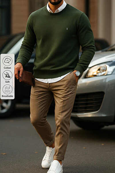 COMBİNE MİCHAİL Pánská mikina Basic Crew Neck khaki barvy