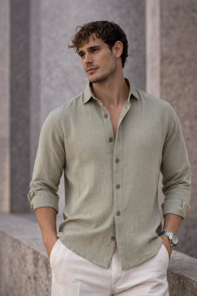 Valiberta Prozračna muška košulja sa dugim rukavima i ovratnikom od muslinske...