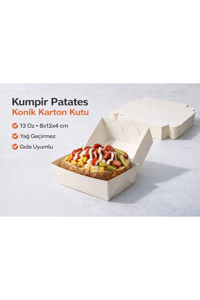 Orbak Kağıt Kumpir Patates Konik Karton Kutu 13 Oz 8x12x4 cm Yağ Geçirmez Gıd...
