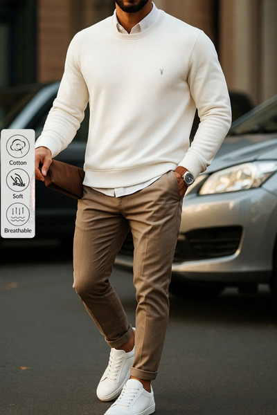 COMBİNE MİCHAİL Erkek Basic Bisiklet Yaka Beyaz Sweatshirt