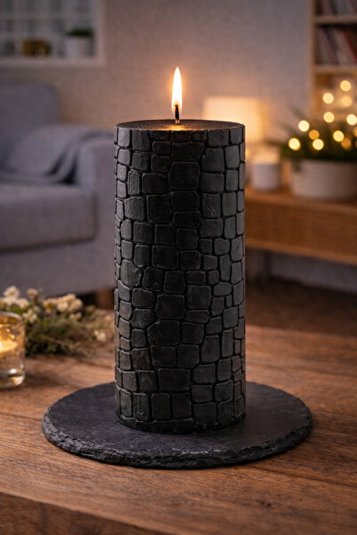 CandleCastCreation TAŞ DETAYLI SÜTUN SİYAH KOKULU MUM