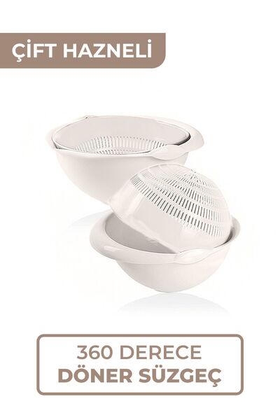 Melkan Home 360 Derece Dönebilir Makarna Süzgeci Çok Amaçlı Çift Hazneli Süzgeç Sebze Meyve Yıkama Döner Süzgeç
