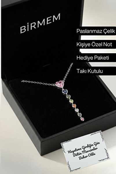 Birmem Kadın Gümüş Rengi Renkli Kalp Taşlı Y Model Çelik Kolye