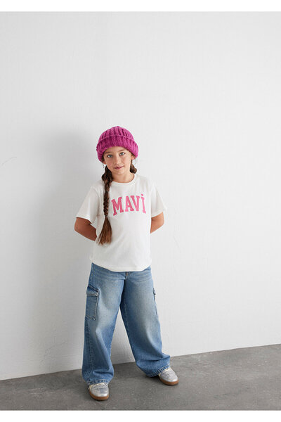 Mavi Biała koszulka z nadrukiem z logo Regular Fit / Normalny krój 7610109-70057