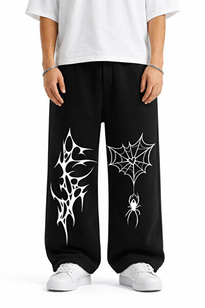 Sokak Butik Premium Spider Web Wide Leg Erkek Siyah Eşofman Altı
