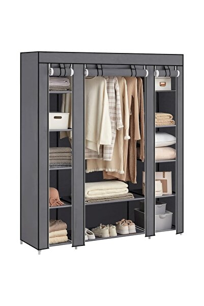 ASTERA 150x45x175 cm Gri Kumaş Gardırop. 12 Raflı, Metal Çerçeveli Ve Katlana...