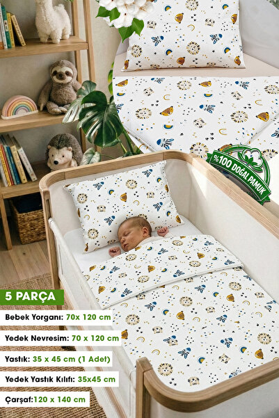 Yada Baby حديقة أطفال قطن 100% مكونة من 5 قطع - طقم لحاف وغطاء لحاف (70x120 سم)