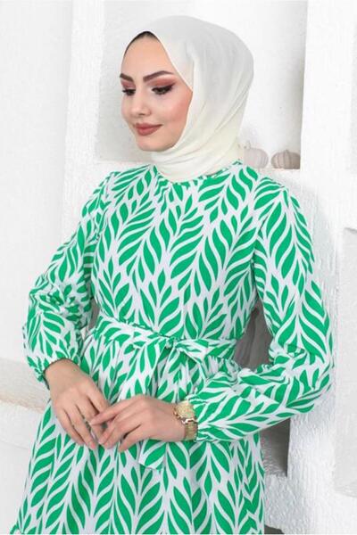 TRENDTESETTÜR KADIN YEŞİL (BENETTON) KUŞAKLI YAPRAK DESENLİ ELBİSE T 044