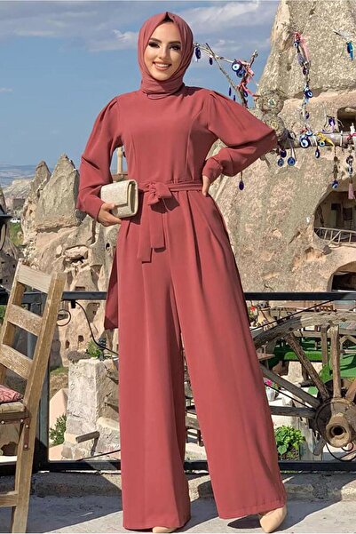 TRENDTESETTÜR KADIN PEMBE (GÜLKURUSU) KUŞAKLI GENİŞ PAÇA TULUM T 1473