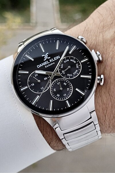 Daniel Klein ساعة يد رجالية باللون الأسود والفضي - مؤشرات داخلية نشطة وحزمة ه...
