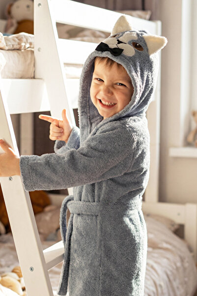 EAST&HIERA Erkek Çocuk Bornozu Kapüşonlu Pamuklu ,Kedi Figürlü, Gri (1-14 Yaş)