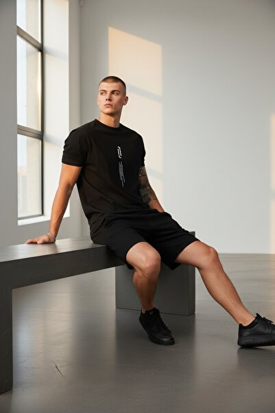 Altamira Erkek Siyah Dikey Baskılı Oversize T-shirt Şort