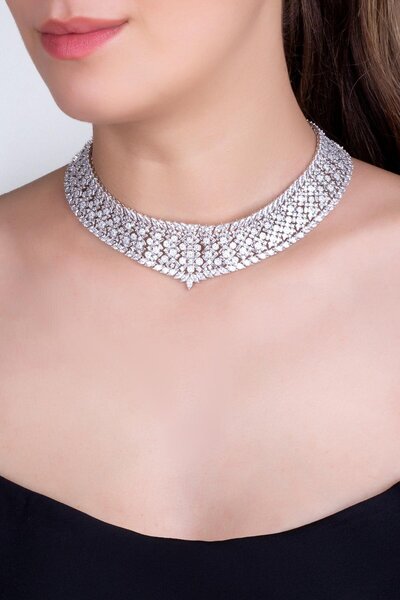 So CHIC... İhtişamlı 18 Ayar Beyaz Altın Kaplama Gümüş Choker Gerdanlık