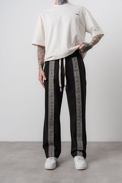 Respire Muške etničke prugaste detaljne dvostrane široke trenirke crne boje