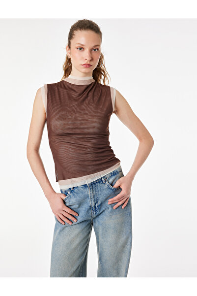 Koton Slim Fit High Neck Sleeveless Tulle Blouse