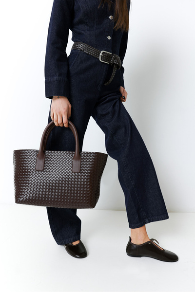 LUTVELIZADE Çanta 2620 - Örgü Dokulu Deri Görünümlü Acı Kahve Örgü Kadın Çanta