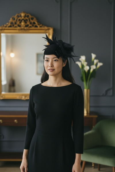 Miss Hat Pălărie Elegantă din Fetru de Lână cu Pene Negre
