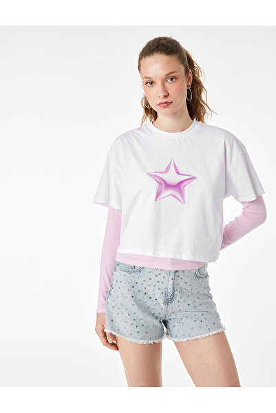 Koton Μπλουζάκι Βαμβάκι lu με κοντό μανίκι και λαιμόκοψη ποδηλάτου Star με τύ...