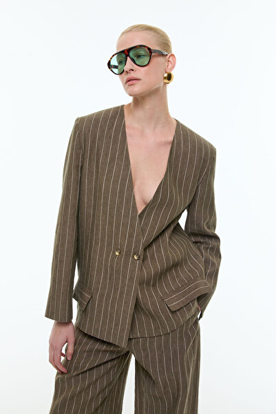 Roman %100 Keten Yakasız Kruvaze Ceket Haki Y2516014_023