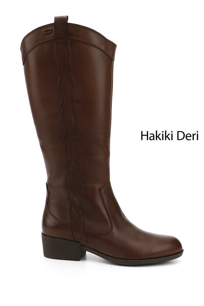 GÖNDERİ(R) Kadın Kahve Antik Fermuarlı Kalın Topuklu Hakiki Deri Kovboy Çizme