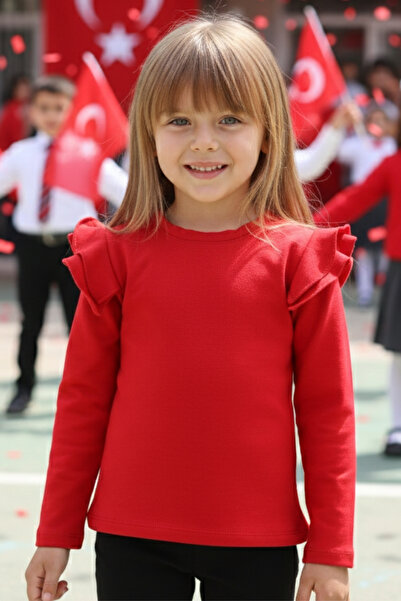 Parla Kids Devojačka majica sa crvenim ramenima Ruffle Crew Neck Božićna maji...